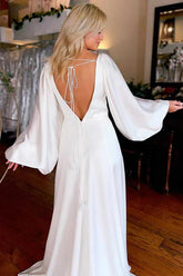 Ivory A-line V-neck Long Sleeves Simple Wedding Dresses With Slit